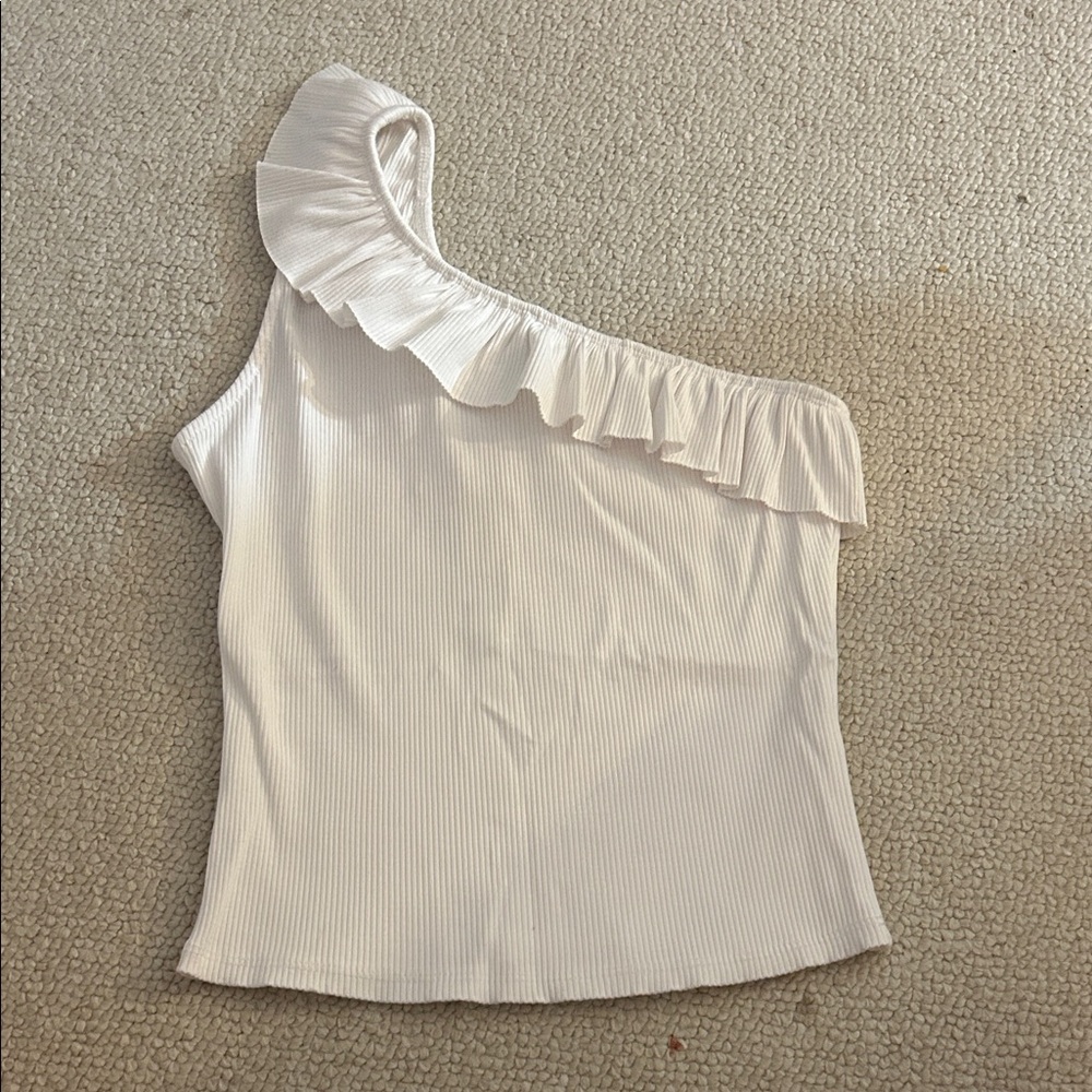 Francesca's Collections White One-Shoulder Ruffle Blouse